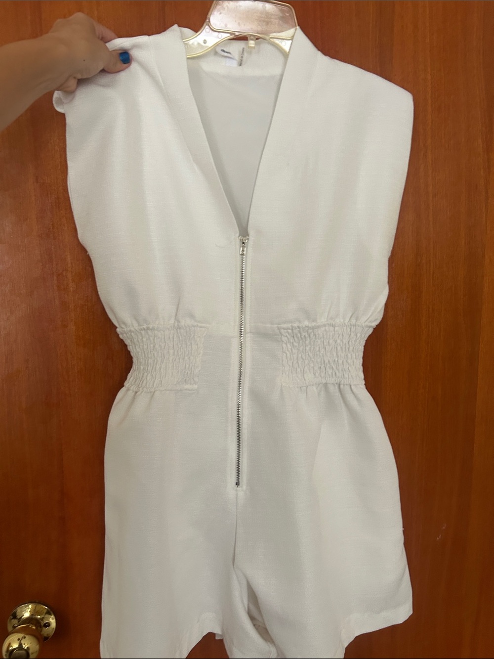Woman White One-Piece Romper with Front Zip
